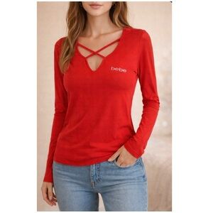 💛 BEBE Red Swarovski Crystal Bling Crisscross V-neck Top NWT L